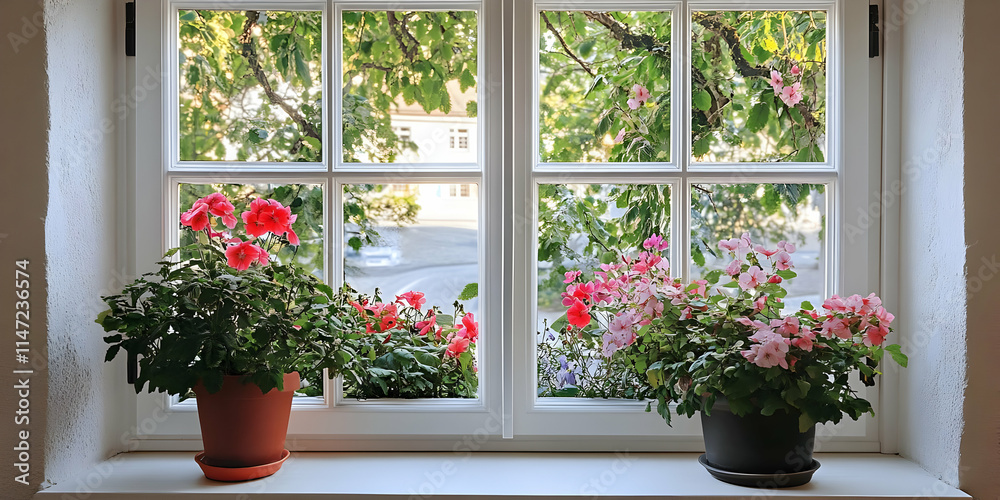 Naklejka premium A picturesque window view adorned with vibrant flowering plants.