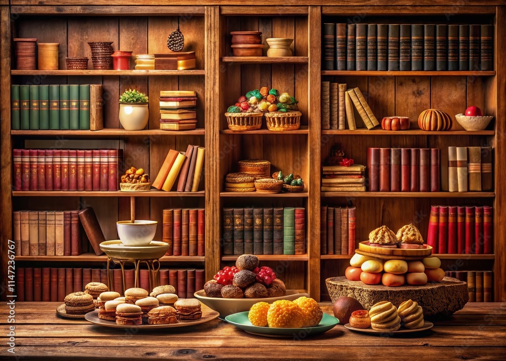 Fototapeta premium Mini Library Food Photography, Bookshelf, Delicious Treats, Cozy Corner