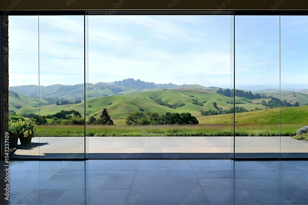 Naklejka premium A panoramic view of rolling green hills through a large glass window.