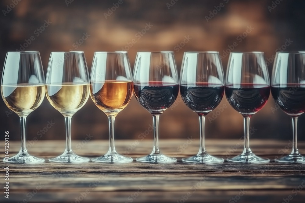 Elegant Wine Glasses in a Row with Varieties of White and Red Wine Being Poured Elegant Wine Glasses in a Row with Varieties of White and Red Wine Being Poured