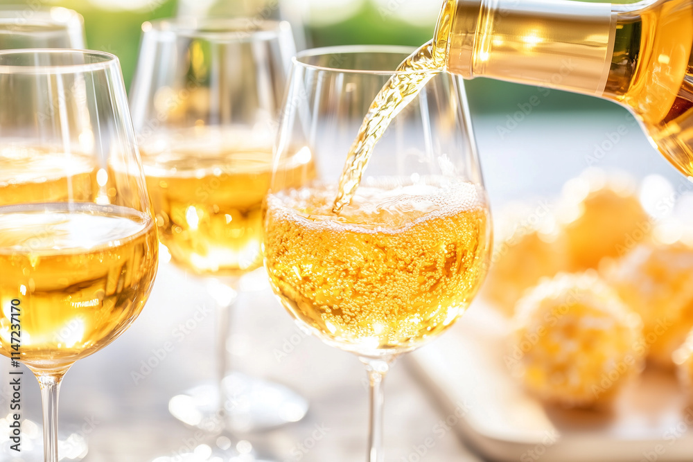 A Beautiful Arrangement of Glasses Filled with sparkling Wine Being Poured in Bright Setting