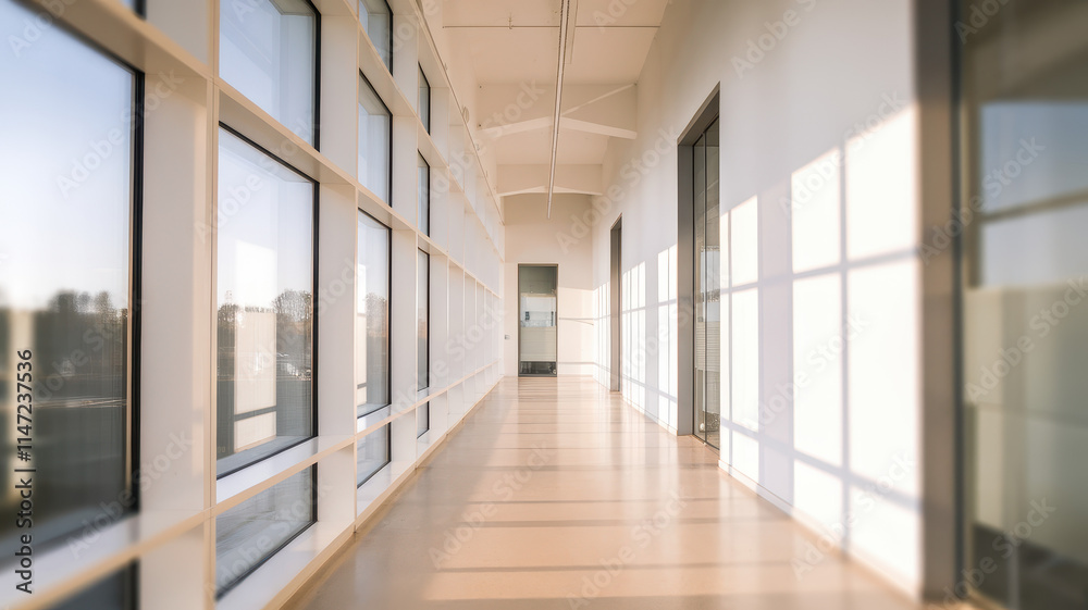 A serene corridor featuring smooth lines and ample natural light, showcasing modern architecture in a minimalist design. A serene corridor featuring smooth lines and ample natural light, showcasing modern architecture in a minimalist design.