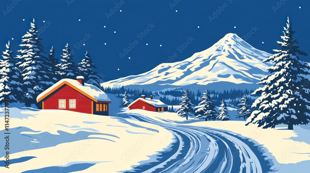 Fototapeta premium Snowy mountain landscape with small houses and star-filled sky.