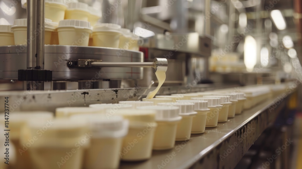 A yogurt production line with automated machines filling and sealing cups, showcasing the streamlined process from milk to finished product A yogurt production line with automated machines filling and sealing cups, showcasing the streamlined process from milk to finished product