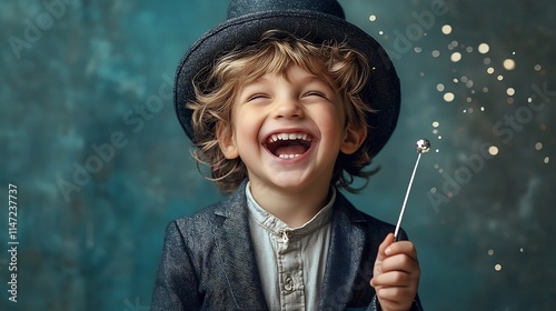 Portrait of a smiling young boy dressed as a magician wearing a traditional top hat and holding a magic wand performing impressive tricks and illusions on a small stage photo