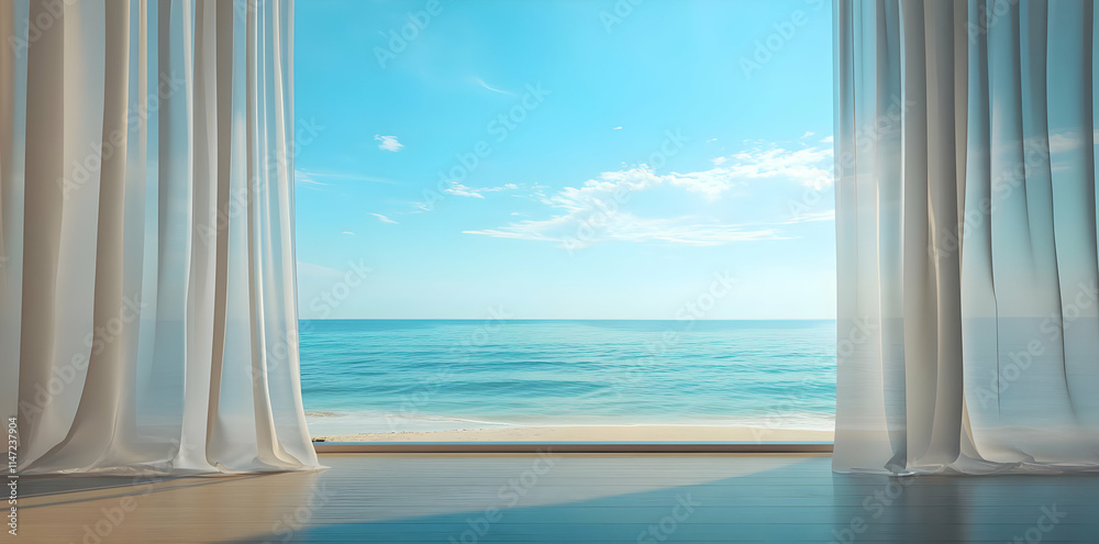 Fototapeta premium A serene view of the ocean through sheer curtains, evoking tranquility and relaxation.