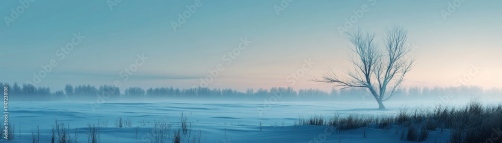 Snowy landscape with lone tree, mist, and blue sky. Snowy landscape with lone tree, mist, and blue sky.