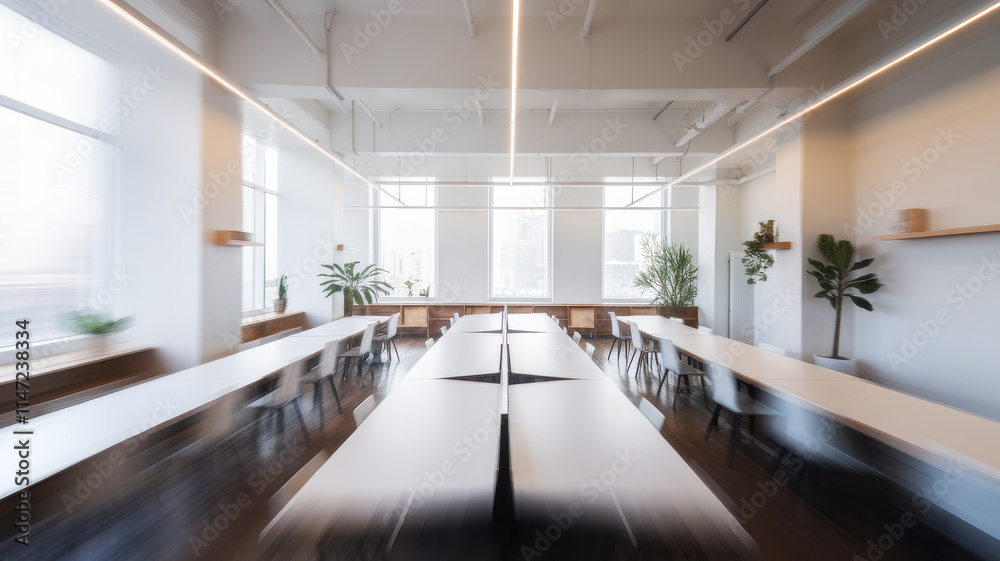 A modern office workspace featuring sleek white tables and large windows, enhancing the open and bright atmosphere of the room. A modern office workspace featuring sleek white tables and large windows, enhancing the open and bright atmosphere of the room.