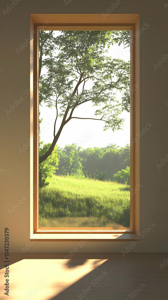 Fototapeta premium A serene view through a window showcasing a lush green landscape and a tree.