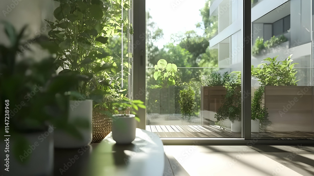 Fototapeta premium A serene indoor space with plants and a view of a sunny balcony garden.