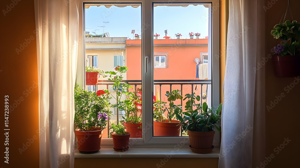 A bright window view showcasing potted plants and a colorful building backdrop. A bright window view showcasing potted plants and a colorful building backdrop.