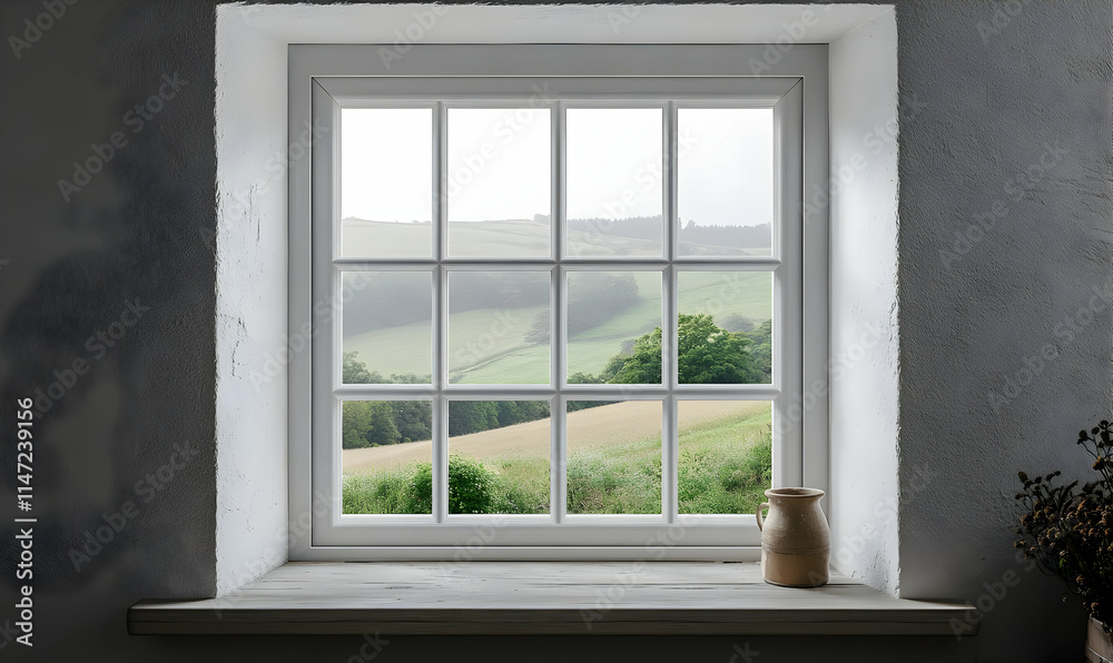A serene view through a window showcasing rolling hills and greenery. A serene view through a window showcasing rolling hills and greenery.