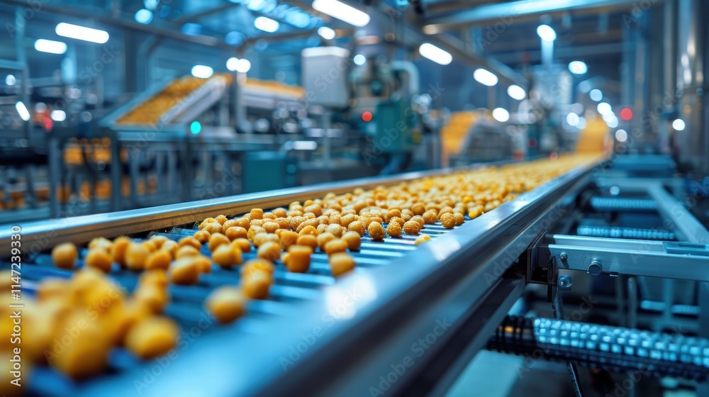 An automated production line in a snack factory, with conveyor belts moving products through various stages of frying, seasoning, and packaging An automated production line in a snack factory, with conveyor belts moving products through various stages of frying, seasoning, and packaging