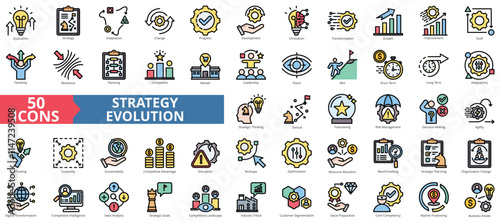 Strategy evolution icon collection set. Containing growth, transformation, adaptation, change, progress, development, innovation icon. Simple flat outline color illustration.