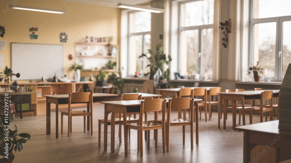 A bright and spacious empty classroom featuring wooden desks and chairs, ideal for learning and creativity. A bright and spacious empty classroom featuring wooden desks and chairs, ideal for learning and creativity.