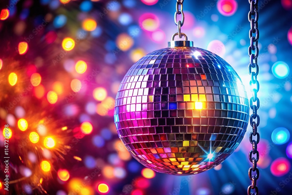 Fototapeta premium Shimmering Disco Ball, Chain, Light Reflections, Abstract Art, Dynamic Lighting
