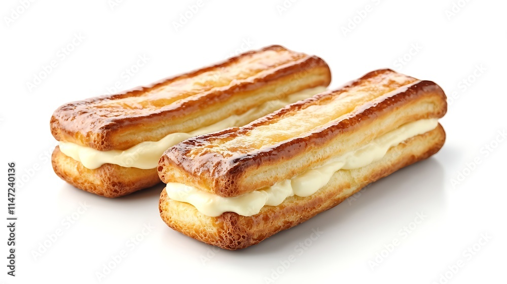 Delicious Cream-Filled Pastry Treats on White Background Delicious Cream-Filled Pastry Treats on White Background