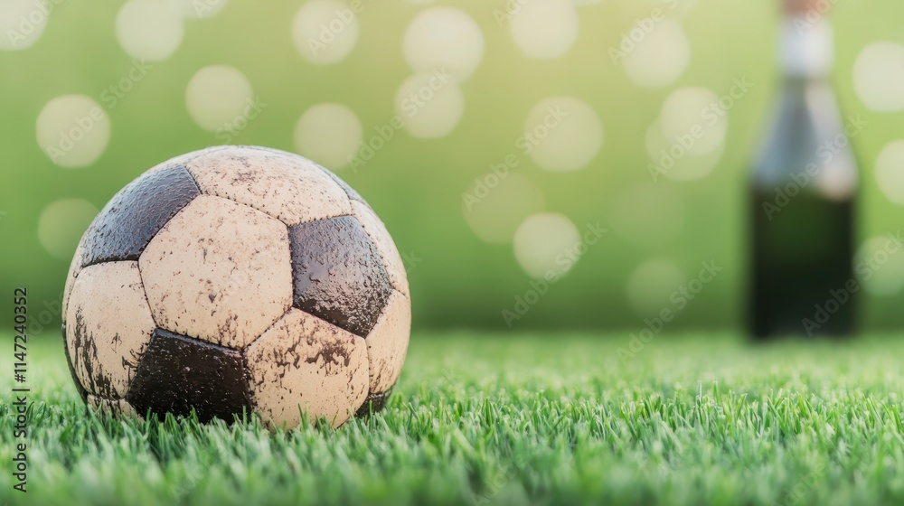 Fototapeta premium A worn soccer ball rests on green grass with a blurred bottle in the background, evoking a casual outdoor sports atmosphere.