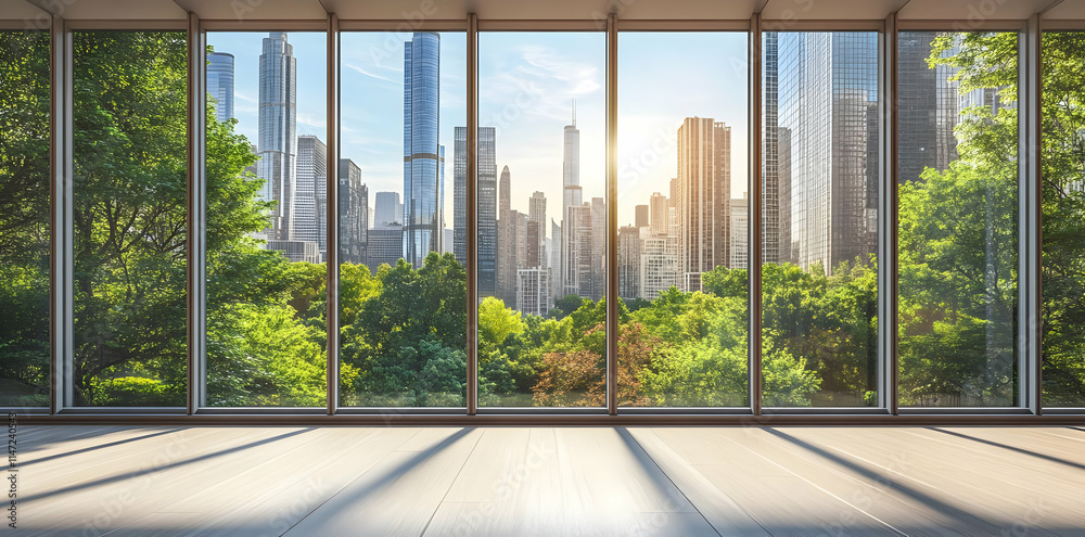 A modern interior with large windows showcasing a city skyline and lush greenery outside. A modern interior with large windows showcasing a city skyline and lush greenery outside.
