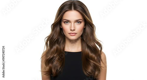 A woman with long brown hair stands in front of a white background, looking directly at the camera