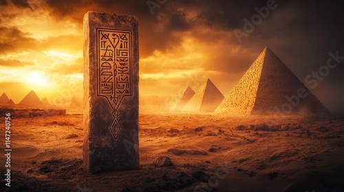Ancient stone stele with hieroglyphs in a desert landscape at sunset, near pyramids.