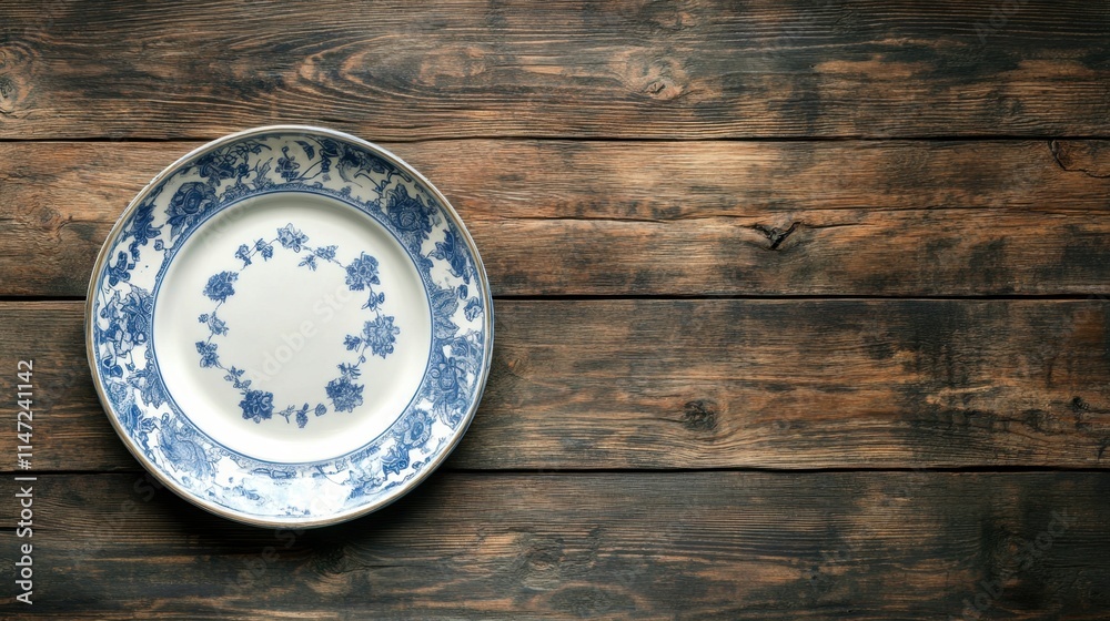 Fototapeta premium Vintage Decorative Plate on Rustic Wooden Table Background