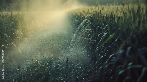 An irrigation system watering a vibrant green crop field, ensuring consistent moisture for healthy crop growth photo