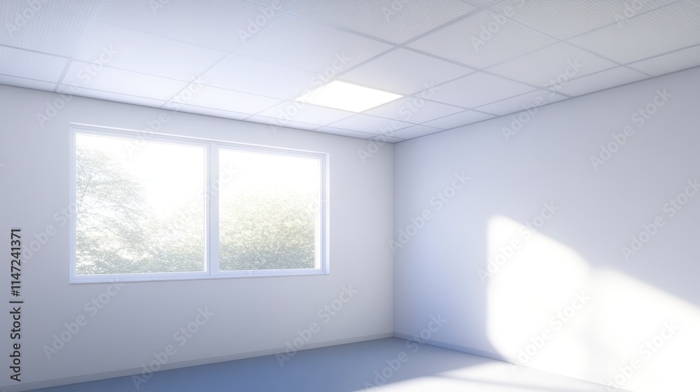 Obraz premium A bright, minimalistic room with white walls, a window letting in natural light, and a simple ceiling, creating a serene atmosphere.