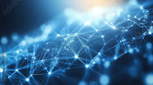 Abstract digital background with glowing connections and light particles on a blue backdrop, representing a technology or global network concept