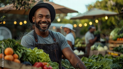 Farmers selling fresh organic produce at a local farmers market, illustrating direct farm-to-table connections and community engagement