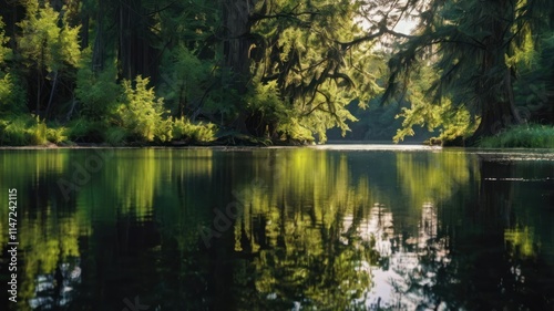 Tranquil River Reflecting Lush Green Forest Canopy
