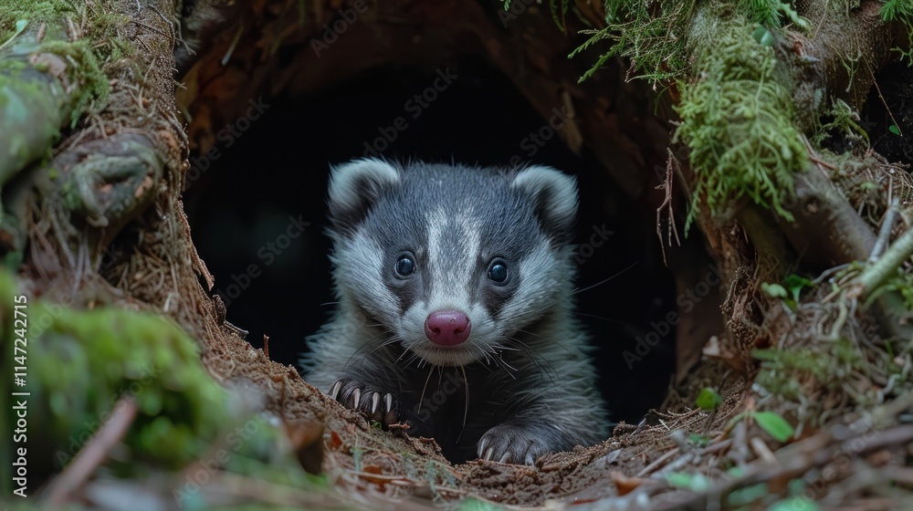 Adorable badger cub peering from its den in a lush forest setting. Adorable badger cub peering from its den in a lush forest setting.