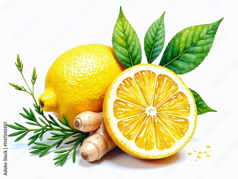 Watercolor Lemons and Ginger, Vibrant, White Background, Artistic, Food Illustration Watercolor Lemons and Ginger, Vibrant, White Background, Artistic, Food Illustration