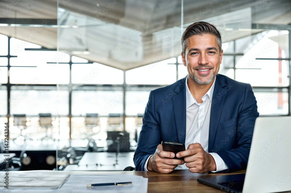 Smiling mid aged business man CEO wearing blue suit sitting in office using cell phone solutions. Mature businessman professional executive holding mobile working at desk with laptop and smartphone. Smiling mid aged business man CEO wearing blue suit sitting in office using cell phone solutions. Mature businessman professional executive holding mobile working at desk with laptop and smartphone.