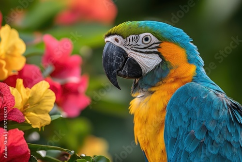 Tropical charm: a stunning parrot with vivid feathers, resting amid untouched beauty of nature, highlighting vibrant colors, serene atmosphere of its natural habitat in perfect harmony.