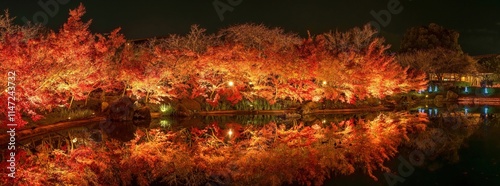 ライトアップに照らされて真っ赤に染まるモミジの紅葉のパノラマ情景