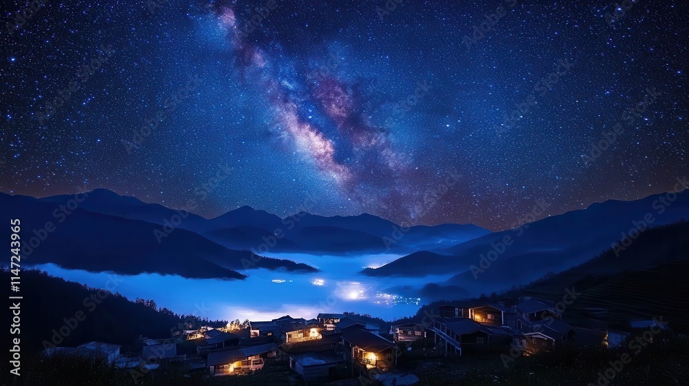 Chinese mountain village dwellings, with the Milky Way hanging on the mountaintop Chinese mountain village dwellings, with the Milky Way hanging on the mountaintop