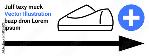 Black arrow, outlined shoe, blue medical cross symbol. Ideal for health, footwear, progress, direction, medical assistance, navigation, and wellness themes. Landing page