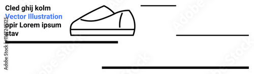Black and white shoe outline, horizontal lines, and placeholder text. Ideal for fashion, design, minimalism, branding, modern aesthetics, simplicity, advertisement. Landing page