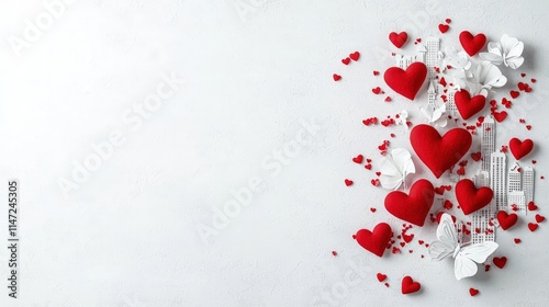 Red hearts, white butterflies, confetti on white background.