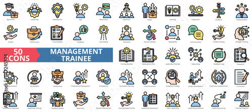 Management trainee icon collection set. Containing apprentice, leadership, development, skill, mentorship, supervisor, career icon. Simple flat outline color illustration.