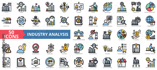 Industry analysis icon collection set. Containing competitor, trends, swot, strategy, growth, market share, competitive advantage icon. Simple flat outline color illustration.