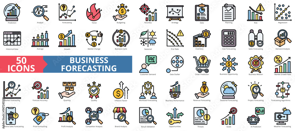 Fototapeta premium Business forecasting icon collection set. Containing prediction, analyze, data, trend, budgeting, accuracy, strategy icon. Simple flat outline color illustration.