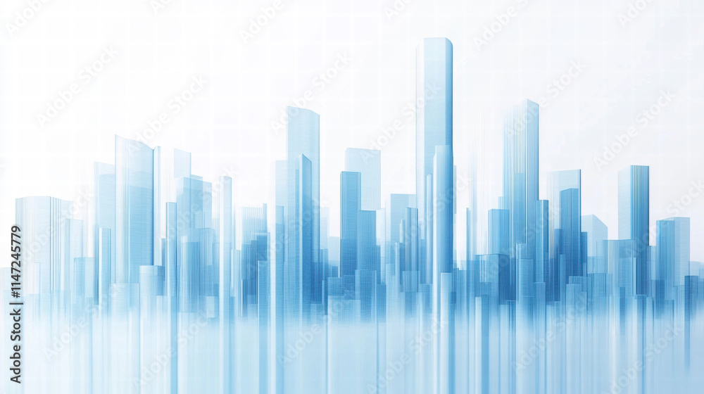 White background, light blue gradient city skyline with buildings made of glass and steel, 3D rendering White background, light blue gradient city skyline with buildings made of glass and steel, 3D rendering