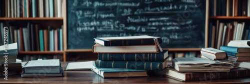 Stationery and books neatly arranged on a desk with blackboard in background suitable for study or classroom activities. Generative AI