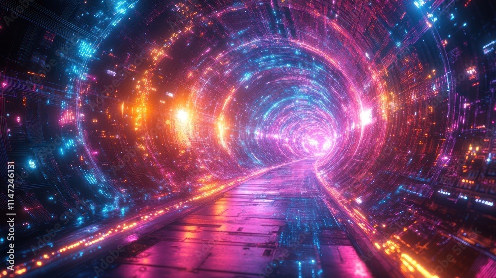 Obraz premium Futuristic neon tunnel with vibrant lights and glowing path.