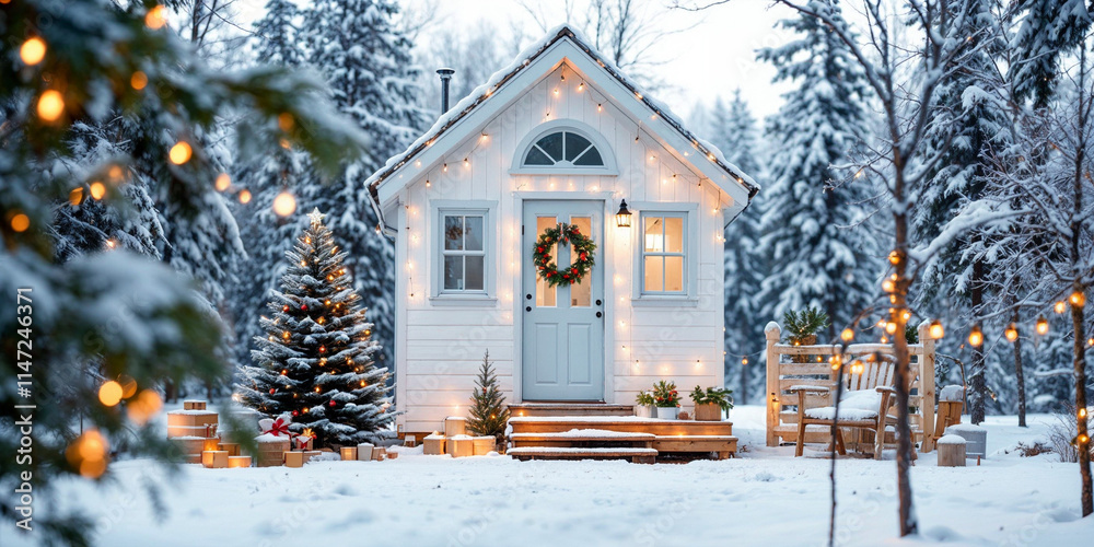 Concept photo of tiny house exterior with Christmas concept Concept photo of tiny house exterior with Christmas concept