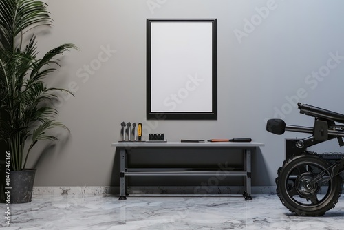 Modern garage setup showcasing a sleek tool bench alongside a vertical poster frame on a sturdy marble floor, emphasizing functionality and design.