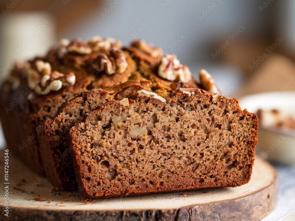 Rustic Banana Bread with Walnuts Sliced on Wooden Board Rustic Banana Bread with Walnuts Sliced on Wooden Board