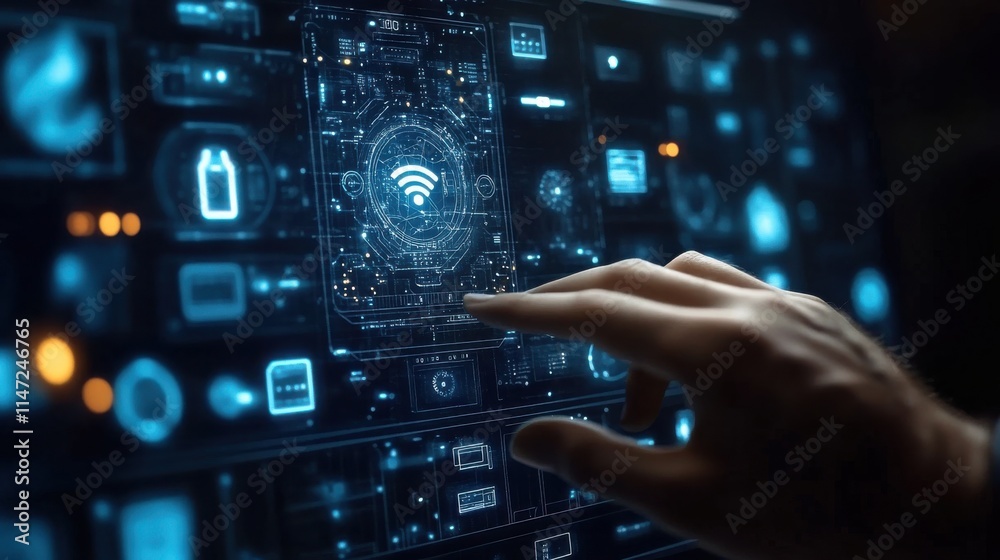 Human hands touching electronic screens, concept of artificial intelligence Human hands touching electronic screens, concept of artificial intelligence